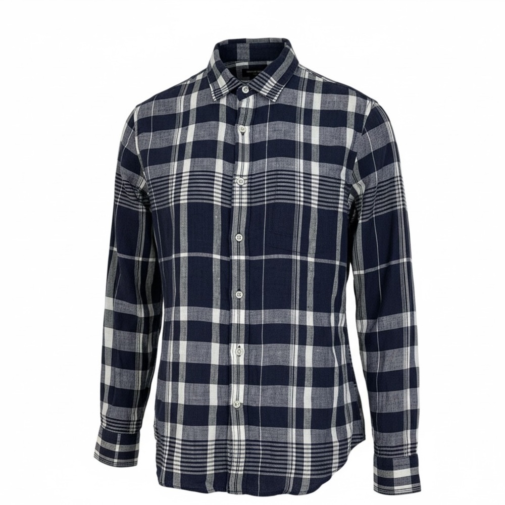 Banana Republic Men's Blue Plaid Linen Button Up Slim Fit Long Sleeve Shirt, L